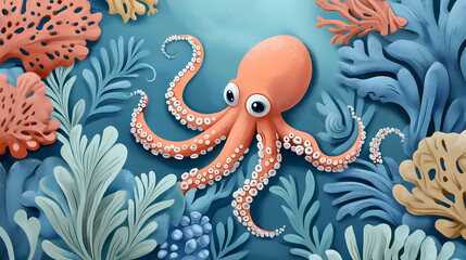 Octopus garden flat design top view coral reef theme water color analogous color scheme. Coral Garden. Illustration