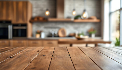 a rustic wooden tabletop for product displays with a bokeh-effect background of an opulent kitchen.