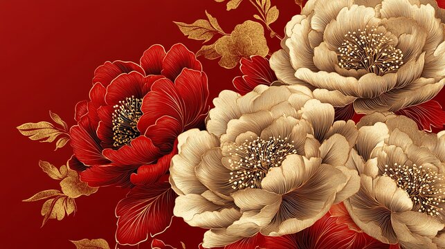 background with intricate gold peony flower patterns on a deep red backdrop, perfect for Chinese New Year cards, Peony Flower Gold Line Art, Luxurious oriental texture
