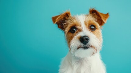 A close-up of a cute dog against a blue background, showcasing its expressive features.