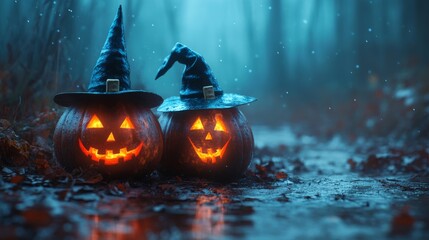 Fototapeta premium Glowing Jack-o'-Lanterns with Witch Hats in a Spooky Halloween Forest
