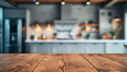 a rustic wooden tabletop for product displays with a bokeh-effect background of an opulent kitchen.