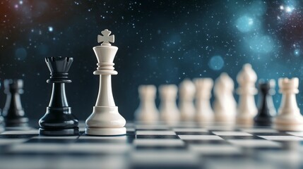 Chess pieces on a cosmic-themed board during an intense game under starry night sky