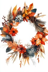 A beautiful watercolor wreath featuring autumn foliage, pine cones, and flowers, perfect for seasonal decorations, invitations, or greeting cards