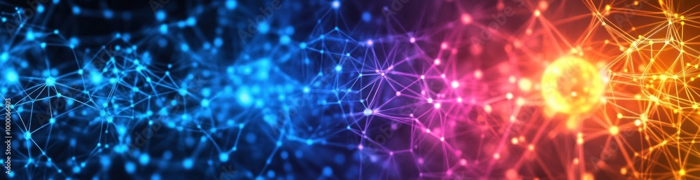 Poster abstract digital network visualization with vibrant colors representing connectivity and data flow.