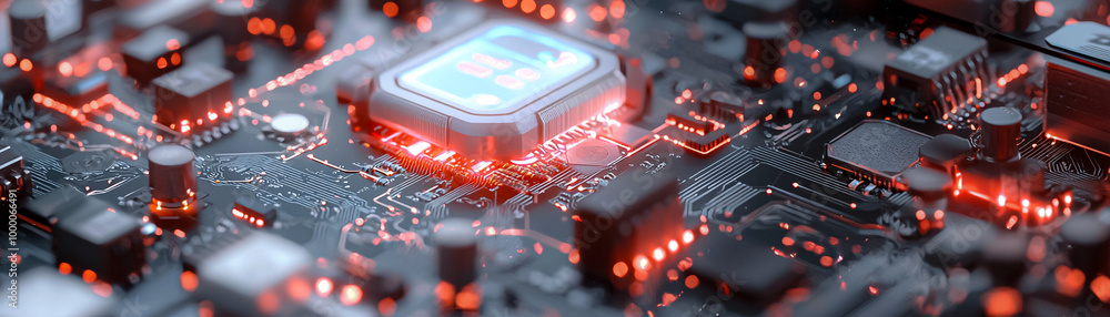 Poster a close up of a computer chip with red lights
