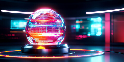 Crystal innovation award with embedded light-up circuits, resting on a sleek metallic base, with holographic floating screens in the background