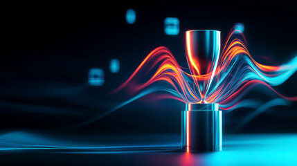 Minimalist award trophy with sleek metallic finish, illuminated by soft blue lighting, surrounded by abstract tech elements floating in the background