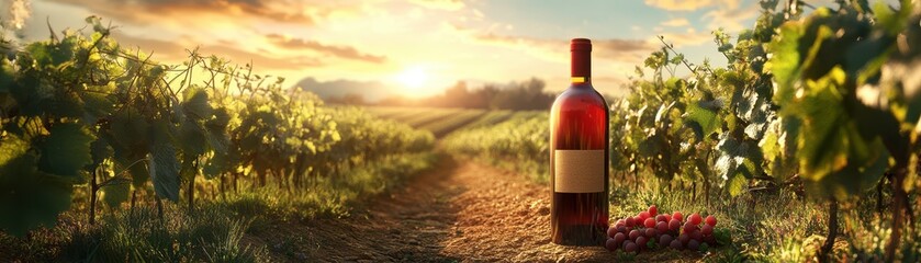 Obraz premium A serene vineyard scene featuring a bottle of wine and fresh grapes at sunset, Ideal for wine marketing, vineyard promotions, or lifestyle content emphasizing relaxation and nature,
