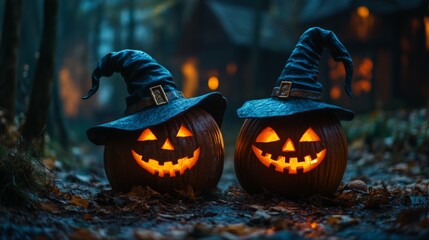 Glowing Jack-o'-Lanterns with Witch Hats in a Spooky Halloween Forest