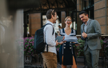 Group of business professionals holding a meeting outside, discussing marketing strategies and analyzing sales reports. They exhibit teamwork, collaboration, and positive emotions, contributing to