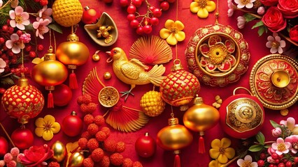 Fototapeta premium Festive Chinese New Year Decorations in Red and Gold, Symbolizing Prosperity and Good Fortune