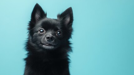 Obraz premium A close-up of a black dog with a friendly expression against a blue background.