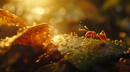A curious ant interacting with a droplet of water on a leaf, the scene filled with rich natural textures and detail.