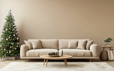 living room with christmas tree and sofe in beige room