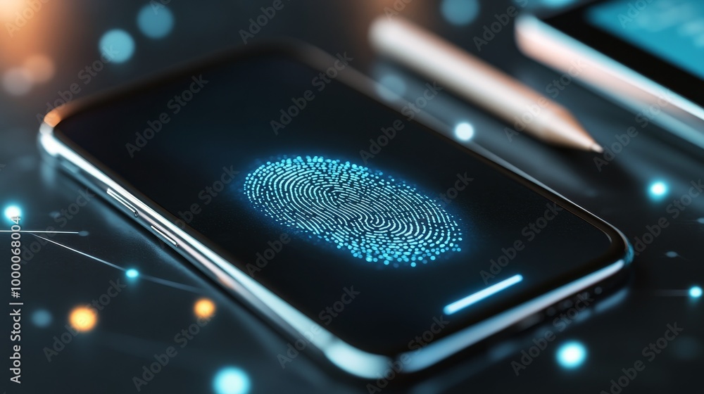 Poster close-up view of a smartphone displaying a blue fingerprint authentication graphic at night