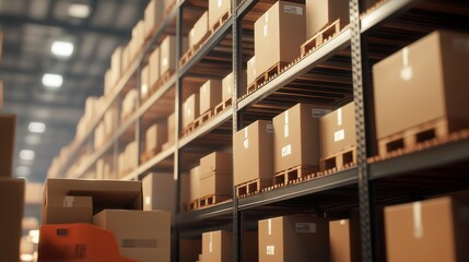 Brightly lit warehouse interior with stacked boxes and pallets during early evening hours