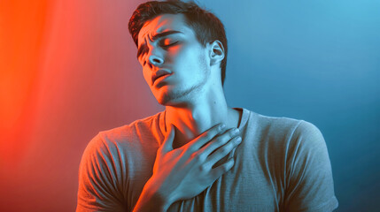 A young man clutches his chest in agony, embodying a moment of severe distress, surrounded by a striking gradient backdrop that amplifies his anguish