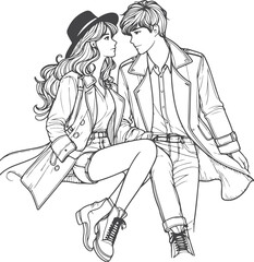 line art wedding husband wife, Mordan, kissing and romantic couple vector design.