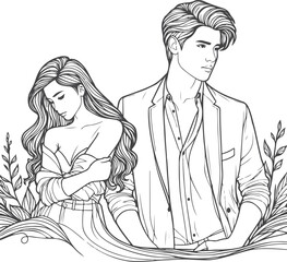 line art wedding husband wife, Mordan, kissing and romantic couple vector design.