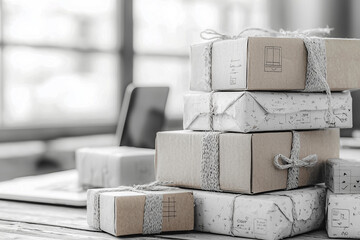 A stack of boxes with white ribbons tied to them