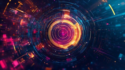 Obraz premium Abstract glowing circular light tunnel with colorful streaks in a dark background.