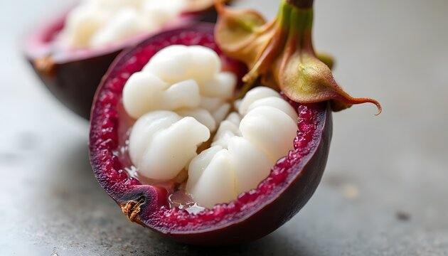 Ripe purple mangostan fruit split open revealing soft white interior segments and brown rind, set against a clean white background with shallow depth of field.