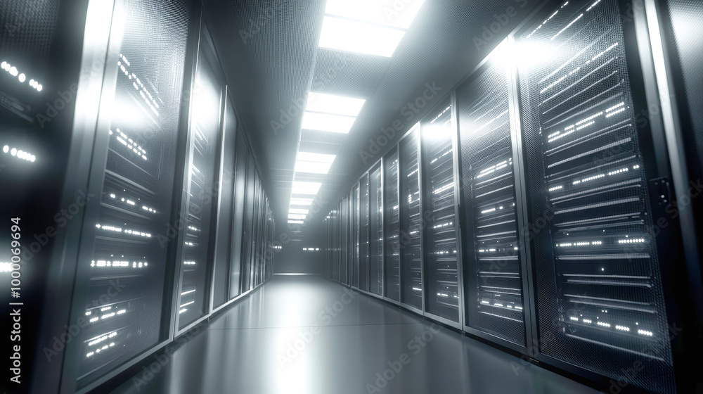 Poster step into a sleek and shiny data center, where rows of robust servers work diligently, illuminating 
