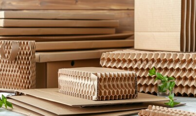 Eco-friendly cardboard packaging and honeycomb structure. Sustainable packaging concept.