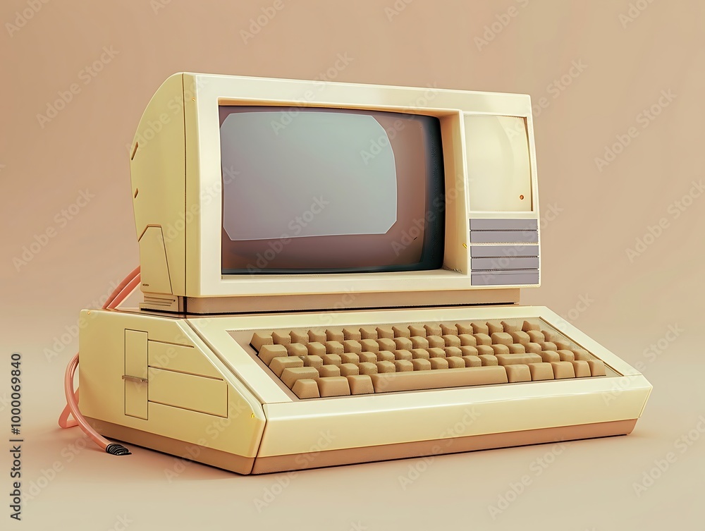 Poster retro computer and mouse on a pink background. 3d rendering