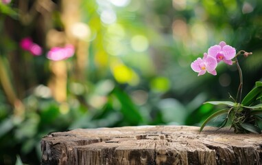 Pink orchid flower on a tree stump with blurred greenery background. Nature and botanical concept.
