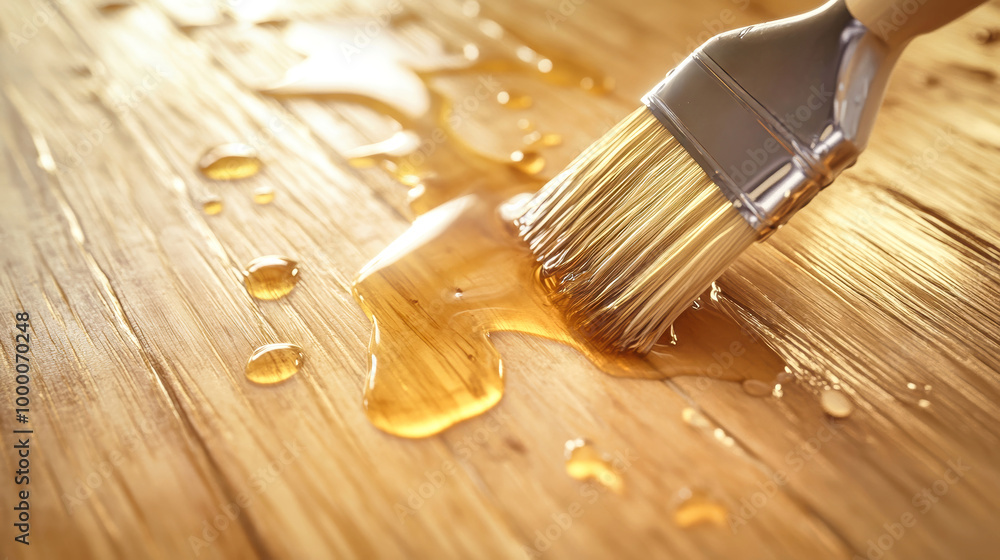 Poster applying clear varnish to a light wooden surface with a brush, showcasing the glistening finish and 