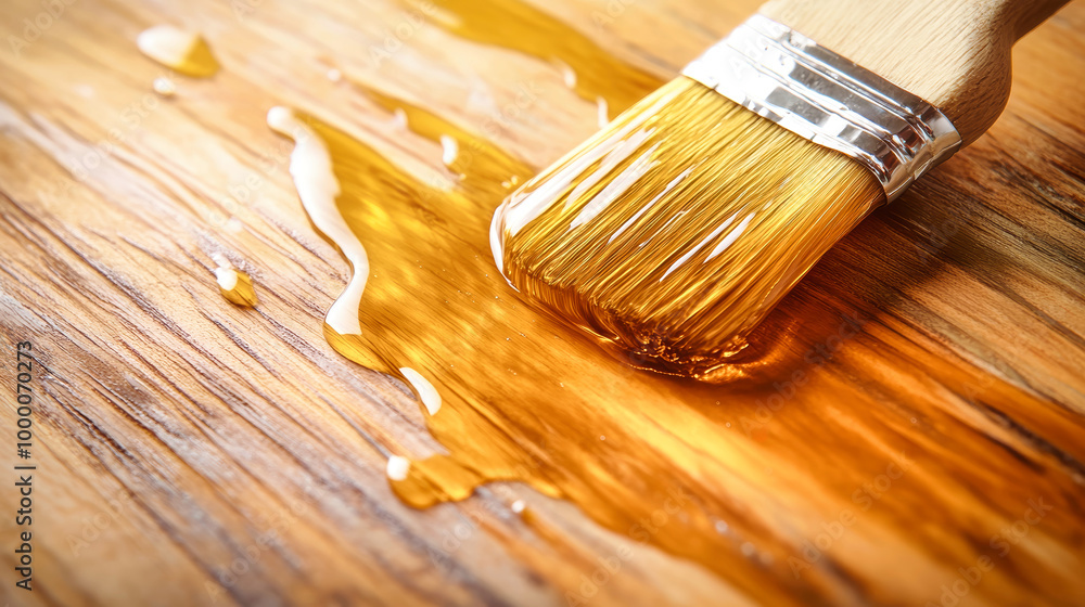 Poster a brush applying varnish to a wooden surface, showcasing drips on a light wooden background in a rus