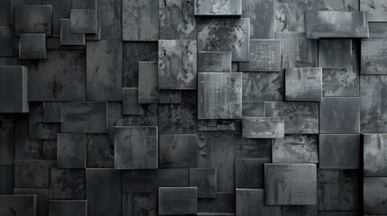A backdrop of gray-black planes or squares, evoking a sense of depth and dimension.