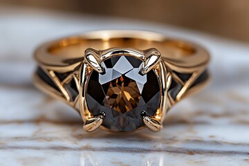 Chunky statement ring with a bold gemstone, displayed on a marble surface, its unique design making a fashion-forward statement
