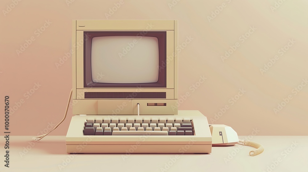 Poster retro computer and mouse on a pink background. 3d rendering