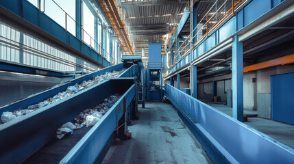 Fototapeta premium Conveyor belts transport plastic waste in a bright, industrial recycling plant, showcasing the process of transforming garbage into reusable materials