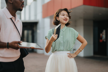A diverse business team gathers outdoors, engaging in a meeting with a positive and collaborative atmosphere. The group exudes confidence and teamwork in a modern urban setting.