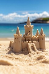 Intricate sandcastle on the beach with a clear blue sky and gentle waves in the background