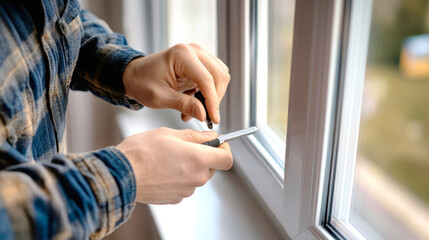 Professional worker repairs a classic white window frame with a screwdriver in a modern living room, highlighting attention to detail and craftsmanship