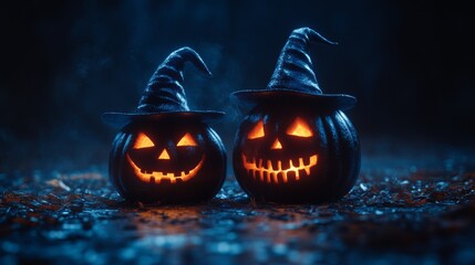Fototapeta premium Glowing Jack-o'-Lanterns with Witch Hats in a Spooky Halloween Forest