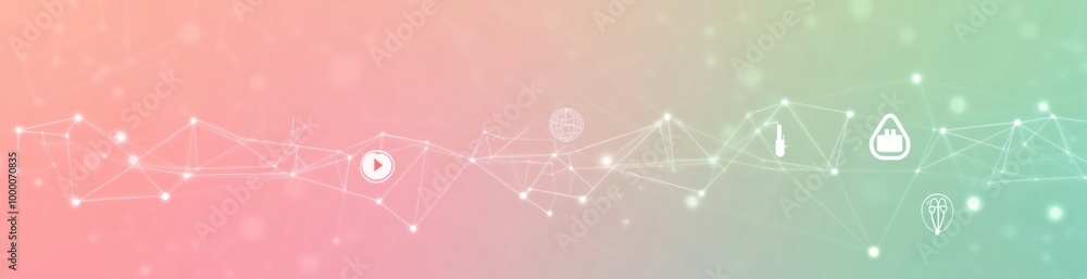 Aufkleber abstract graphic with icons on a gradient background, representing technology and connectivity.
