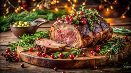 Festive Holiday Rib Roast Garnished with Fresh Herbs and Served on a Rustic Wooden Table Setting