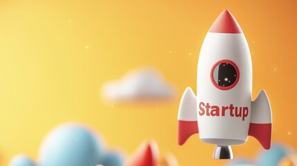 Creative startup concept with a colorful rocket and playful cloud background in a bright setting