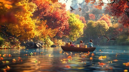 Obraz premium A serene autumn scene with children in a boat surrounded by colorful foliage and calm waters.