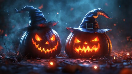 Fototapeta premium Glowing Jack-o'-Lanterns with Witch Hats in a Spooky Halloween Forest