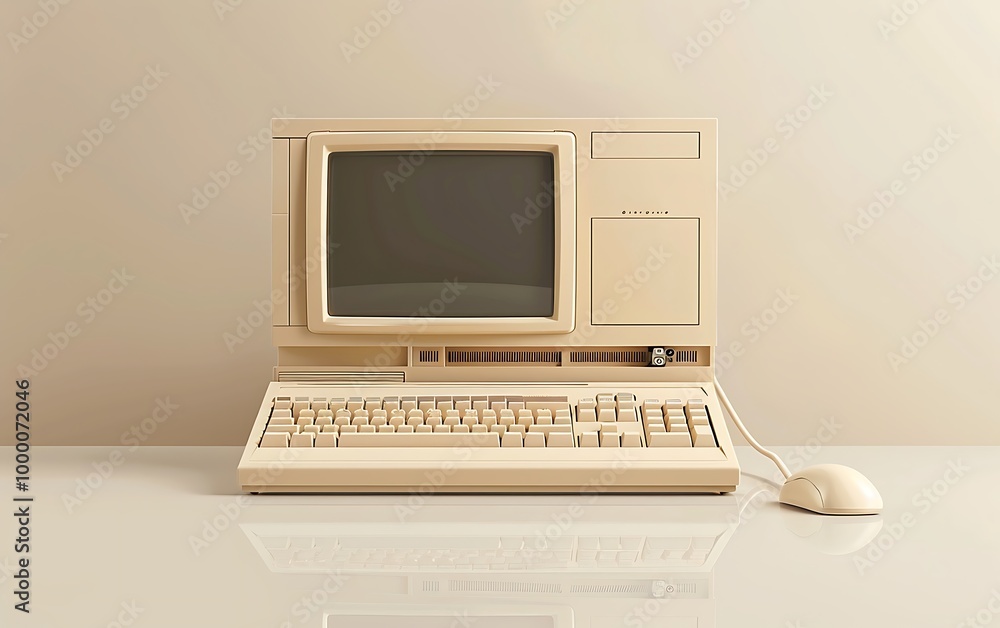 Poster retro computer and mouse on a pink background. 3d rendering