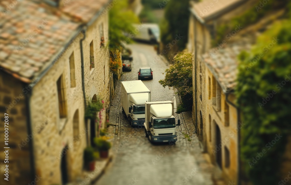 Poster Two trucks navigating a narrow, cobblestone street in a quaint village.