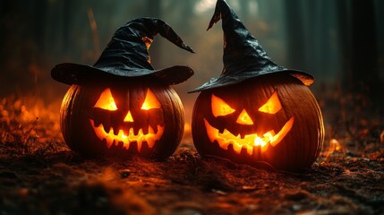 Glowing Jack-o'-Lanterns with Witch Hats in a Spooky Halloween Forest
