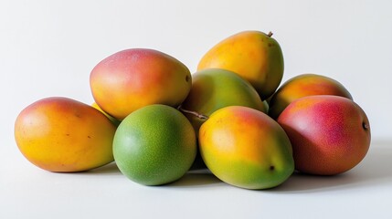 A bunch of mangoes with one green and one yellow